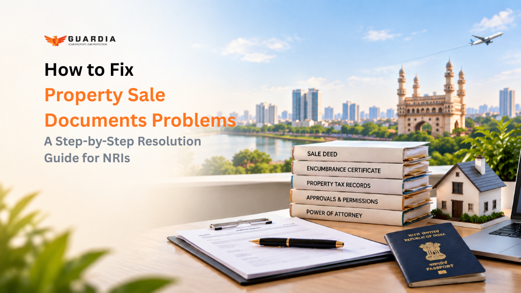 NRI property sale document checklist with sale deed, encumbrance certificate, property tax records, approvals, power of attorney, house model and Indian passport.