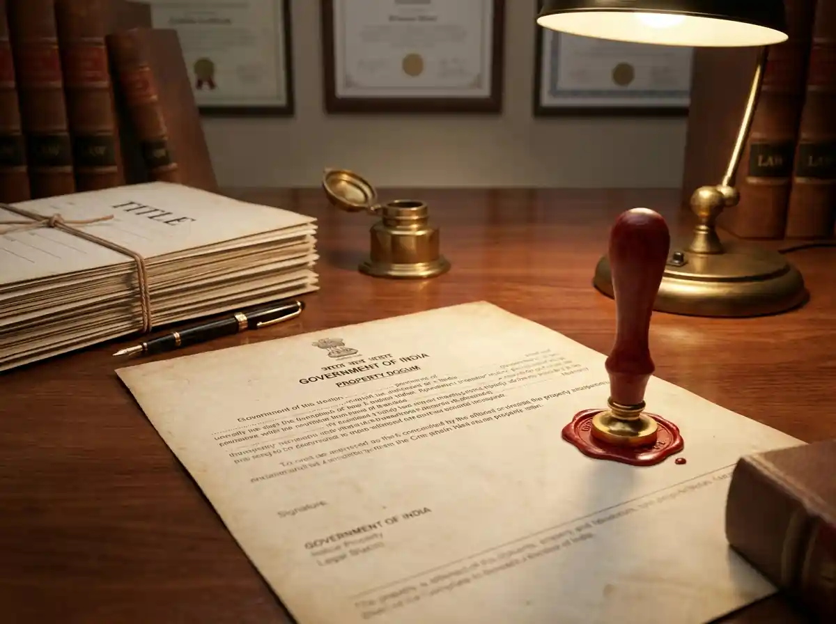 Official stamp being applied to NRI property title document for legal verification in India