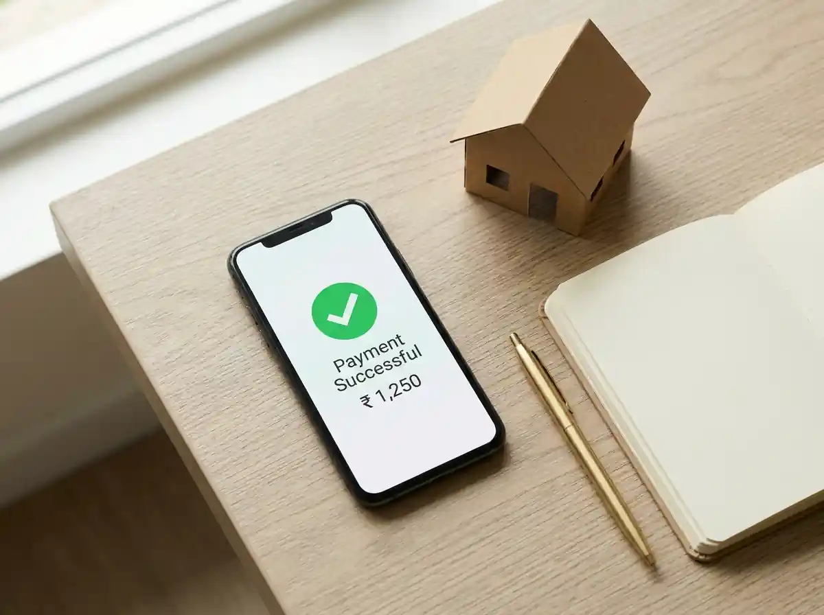 Smartphone showing successful property bill payment in rupees for NRI-owned home in India