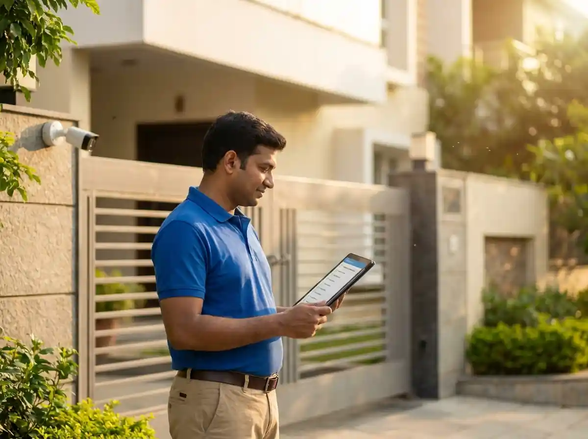 Guardia property manager inspecting NRI-owned apartment in Hyderabad using a digital tablet