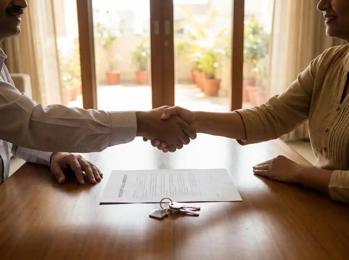 Indian property channel partner and client shaking hands after completing NRI property sale in Hyderabad